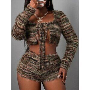 Square Neck Crop Top and Shorts Sweater Set